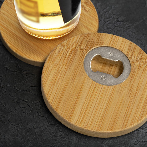 Engraved D20 bamboo bottle opener coaster - set of 2