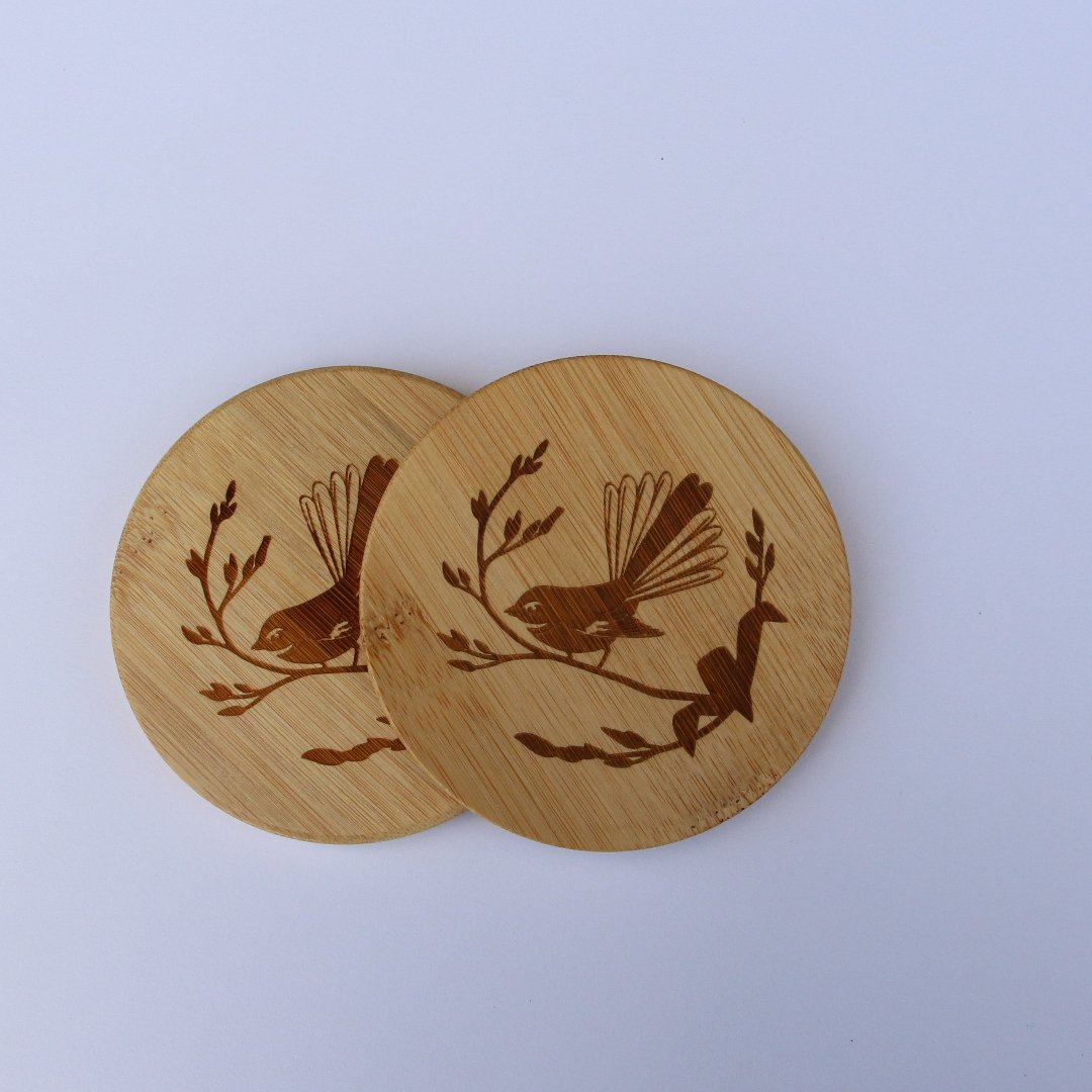 Fantail Engraved Bamboo Bottle Opener Coaster - Set 2