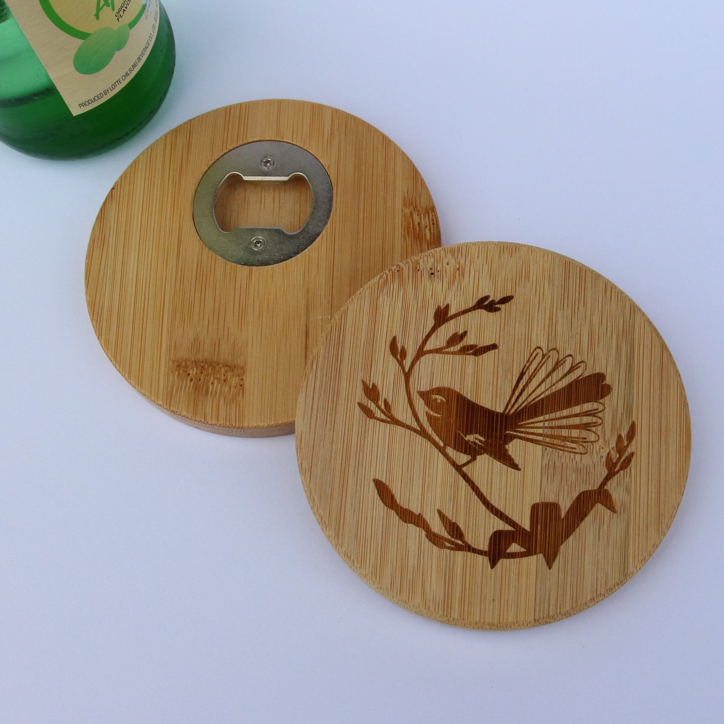 Fantail engraved bamboo bottle opener coaster - set 2