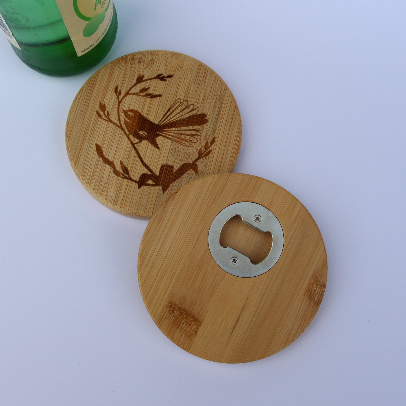 Fantail Engraved Bamboo Bottle Opener Coaster - Set 2